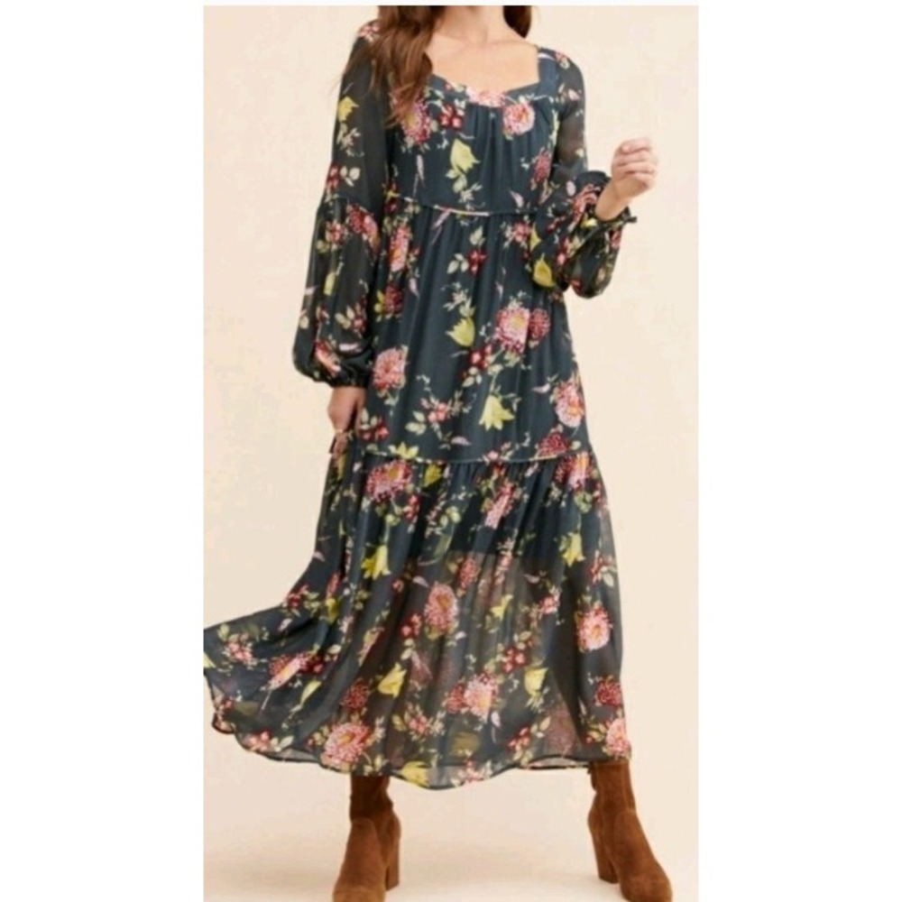 Anthropologie Evelin Maxi Dress Long Puff‎ Sleeve Tiered Square Neck Womens M